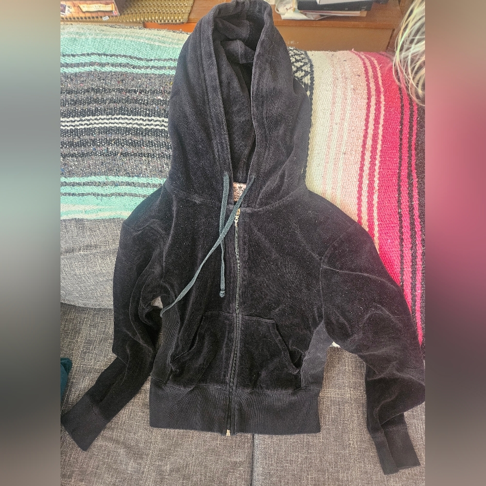 Vintage Y2K Juicy Couture Velour Black Hoodie Zip Track Sweater Women Small